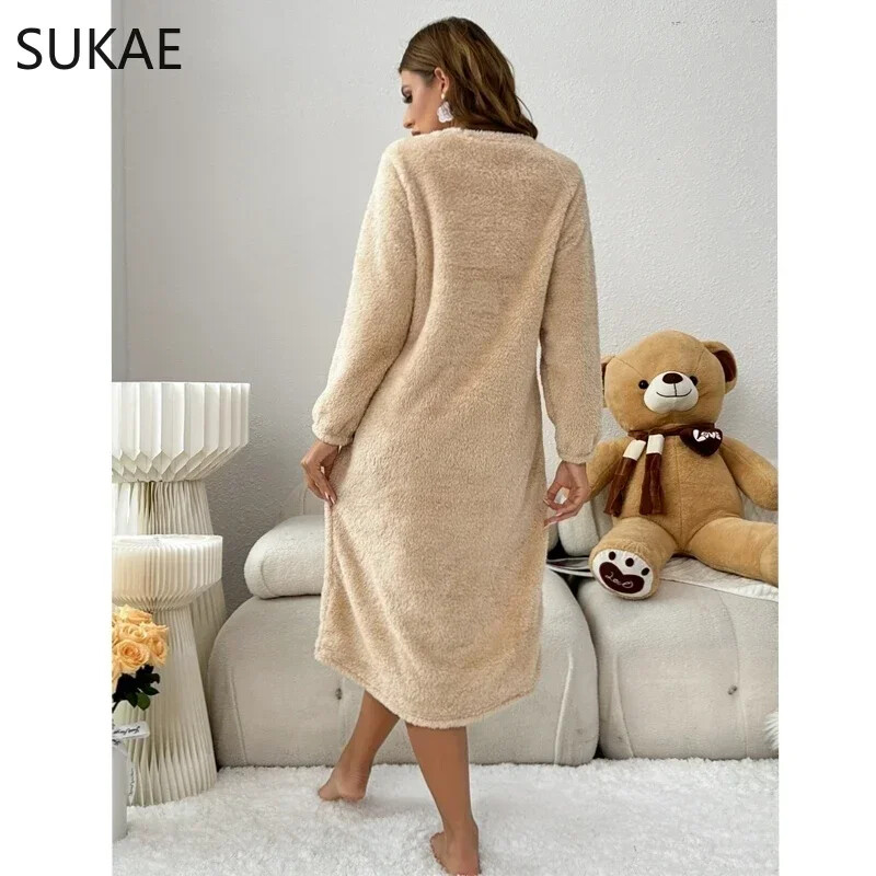 SUKAE Cute Bear Winter Naiste pikkade varrukatega termilised öösärgid Flanellist pikad magamissärgid Pullover kohevad ööriided Naiste koduriided