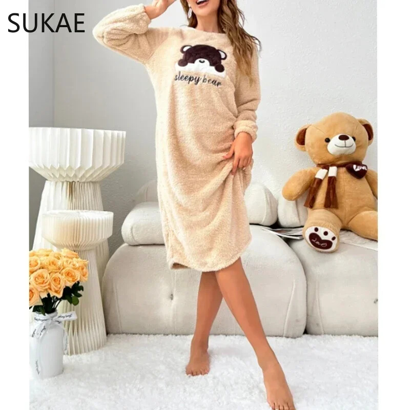 SUKAE Cute Bear Winter Naiste pikkade varrukatega termilised öösärgid Flanellist pikad magamissärgid Pullover kohevad ööriided Naiste koduriided