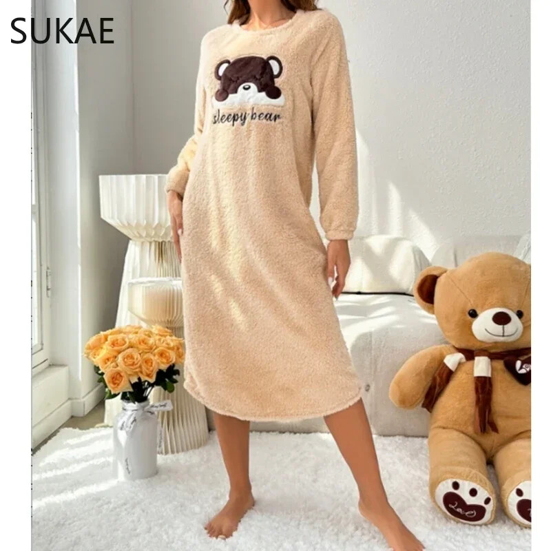 SUKAE Cute Bear Winter Naiste pikkade varrukatega termilised öösärgid Flanellist pikad magamissärgid Pullover kohevad ööriided Naiste koduriided