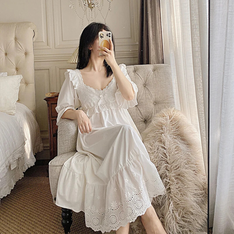 Καλοκαιρινό Γυναικεία Πυζά Βαμβακερά Πριγκίπισσα Φόρεμα αντίκες Πυζάμες Vintage Γυναικεία Γυναικεία Νυχτικό Νυχτικό Γαλλικού Στυλ Δαντέλα