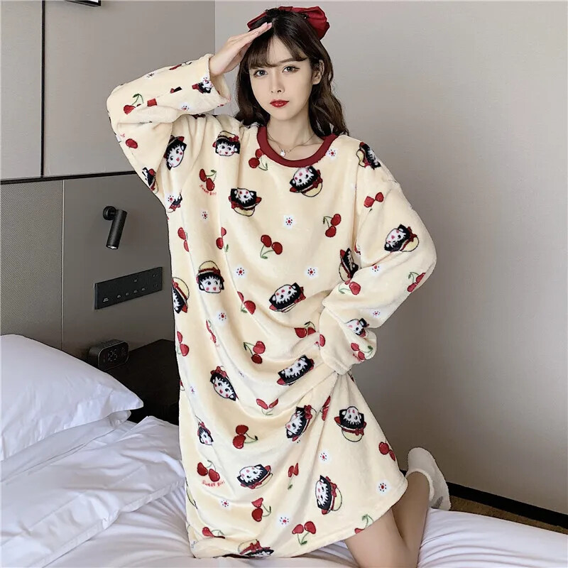 Rudens ziemas biezināts flīsa odere silta karikatūra sieviešu guļamveļa kleita Flanelle vidēja garuma naktskrekls guļamkrekls
