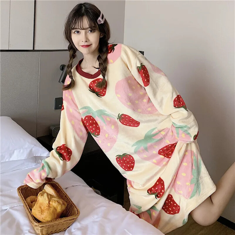 Rudens ziemas biezināts flīsa odere silta karikatūra sieviešu guļamveļa kleita Flanelle vidēja garuma naktskrekls guļamkrekls