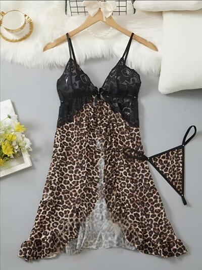 Contrast Lace Ruffle Trim apakšveļas komplekts, Deep V Slip kleita un siksnas, seksīga sieviešu apakšveļa un apakšveļa