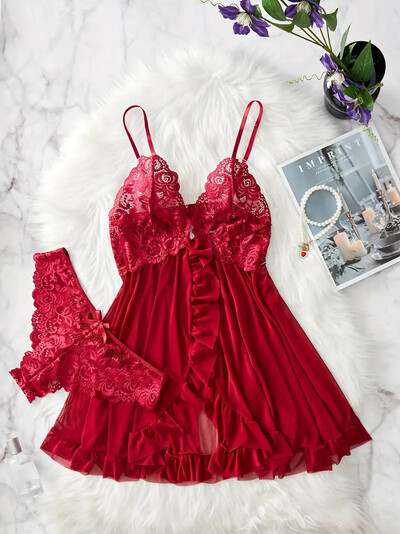 Σετ εσωρούχων Contrast Lace Ruffle Trim, Deep V Slip φόρεμα & στρινγκ, γυναικεία σέξι εσώρουχα και εσώρουχα