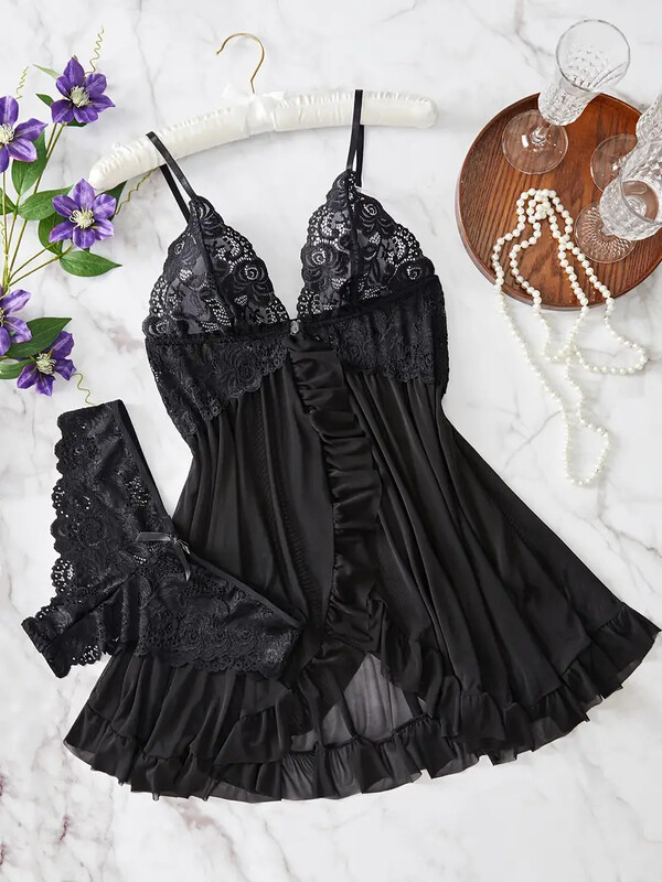 Contrast Lace Ruffle Trim apakšveļas komplekts, Deep V Slip kleita un siksnas, seksīga sieviešu apakšveļa un apakšveļa