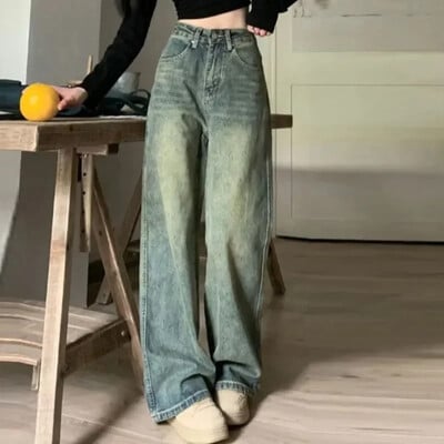 2024 Blugi vintage femei neregulate cu talie înaltă care slăbesc cu picior lat Mop Pantaloni lungi Moda blugi largi blugi Y2K Pantaloni Streetwear