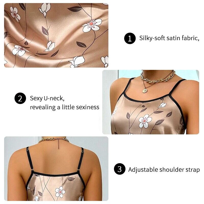 Sieviešu guļamkleita Satīna naktskleita ar ziedu apdruku Ērta spageti siksniņa guļamveļa kleita Grezna satīna naktskleita