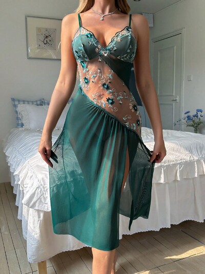 Rózsaszín virággal nyomtatott női, nyitott hátú, osztott hálóruha Háziruha Csipke Szexi V-nyakú perspektíva nyári vékony, légáteresztő csúszós hálóruha