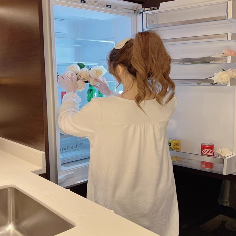 Princesės stiliaus naktiniai marškiniai ilgomis rankovėmis, laisvi, didelio dydžio, gali būti dėvimi ir namuose, vasarinė, moteriška pižama, nėriniai, balta Korėja