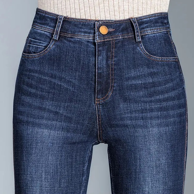 Rudens ziemas bikses ar augstu vidukli uzliesmojoši sievietēm korejiešu džinsi ar platām kājām Jauni liela izmēra sieviešu džinsa bikses Temperamenta džinsu bikses