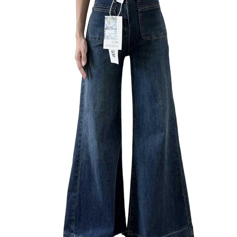 Sieviešu rudens jaunās modes retro džinsi ar mikro uzplaiksnījumu, vienkrāsainas bikses ar augstu vidukli, taisnas, platas kājas, brīvi džinsi līdz grīdai