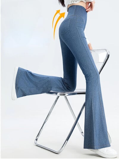 2024 Pantaloni de damă din denim cu micro evazați cu talie înaltă Jambiere pentru abdomen Nou în vară Stretch Sport Fitness Yoga Pantaloni casual Blugi