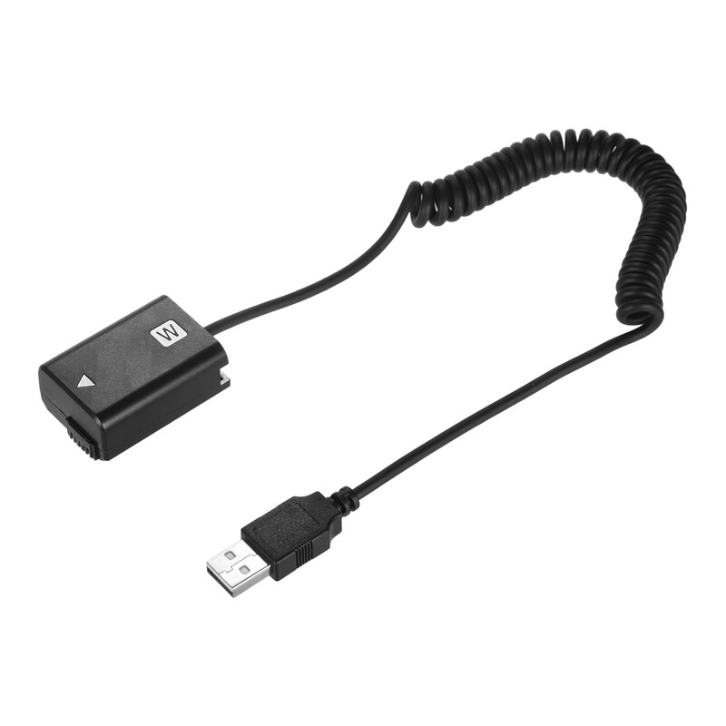Andoer 5V USB NP-FW50 Dummy Battery Pack jungties adapteris su lanksčiu spyruokliniu laidu, skirtas Sony A7 A7II A7R A7S A7RII ILDC kamerai