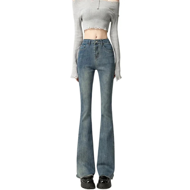 2024 m. pavasaris Naujo stiliaus moteriški džinsai aukštu juosmeniu, labai platėjantys, liekninantys vintažinis liemuo, elastingi apatiniai kutais