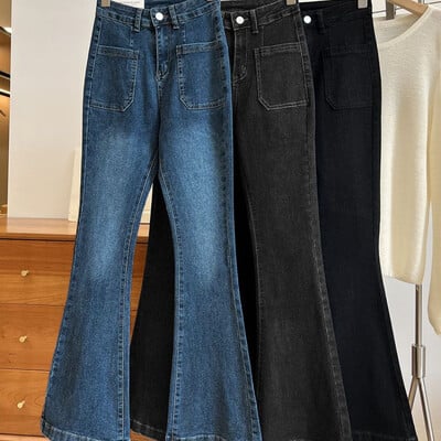 Pantaloni noi cu talie înaltă, blugi largi, spălați, buzunare, subțire, denim, evazat, femei clasice, pantaloni drepți elastici vintage, asortați