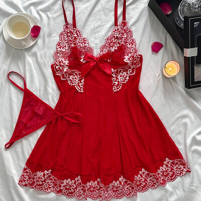 Seksīgs naktskreklu komplekts Sieviešu kleita, guļamveļa Eleganta kostīmu izšūta kleita Spilgtas krāsas pidžamas komplekts ar siksniņām Baby Doll