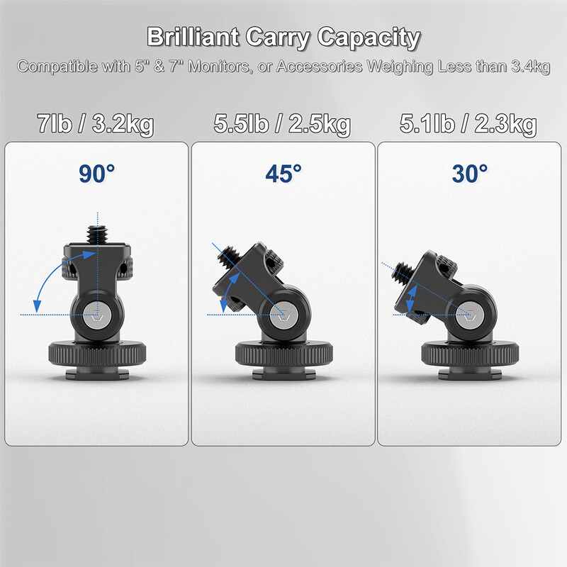 Kameros monitoriaus laikiklis su šalto bato pagrindu, 1/4" varžtas 5" ir 7" lauko monitoriui, 180° kampu reguliuojamas vaizdo LED laikiklis, blykstė