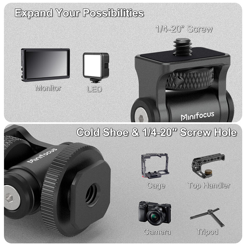 Kameros monitoriaus laikiklis su šalto bato pagrindu, 1/4" varžtas 5" ir 7" lauko monitoriui, 180° kampu reguliuojamas vaizdo LED laikiklis, blykstė