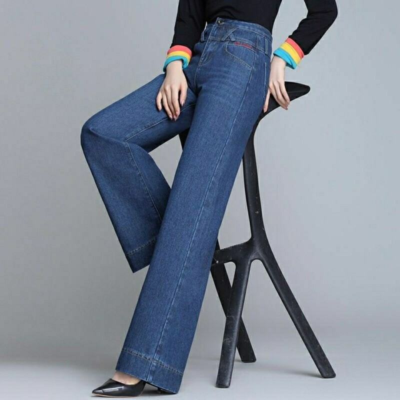 Ielu apģērbi Mode Sieviešu Lielizmēra Džinsi Pavasaris Rudens Jauns Augsts Viduklis Taisnas Bikses Džinss Brīvas Korejas ikdienišķas bikses ar platām kājām
