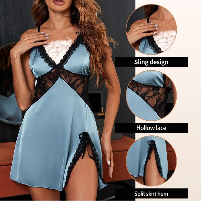 Jauna, moderna sieviešu zaļa satīna kleita ar raibiem mežģīņu bikšturiem, īsiem svārkiem, šķeltām mežģīnēm, sieviešu seksīga kleita, pidžama