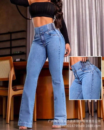 Džinsi Sieviešu bikses Vintage elastīgas ar augstu vidukli uzliesmojošas bikses, cietas kabatas ar pogām savienotas bikses, šauras bikses, ikdienas biroja dāma