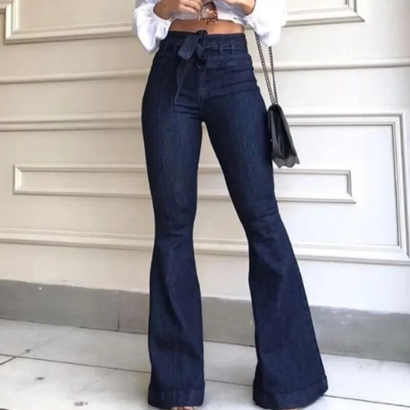 Mom Teksad Naised Flare püksid Tõmblukk Lend Taskud Tänavarõivad Denim Töö Elegantne Bodycon Kergelt veniv vöö Kõrge vöökohaga teksad