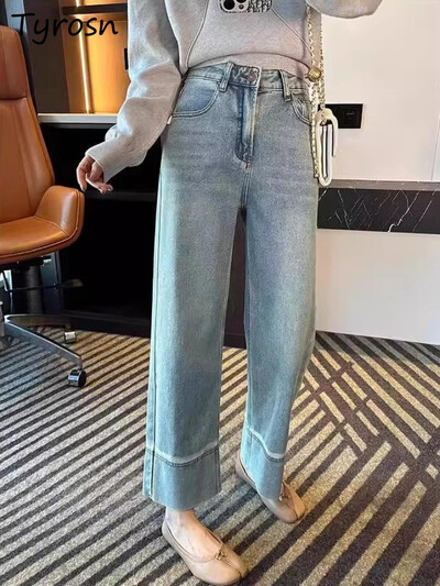 Blugi Femei Pantaloni noi în stil japonez Toamnă Dreptate Picior Lat Denim În nouă puncte La modă Talie înaltă Simplu Confortabil Popular