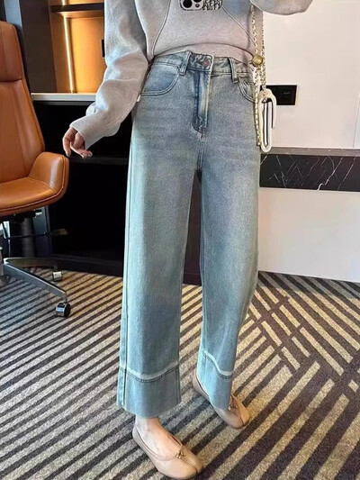 Džinsai Moteriškos naujos japoniško stiliaus kelnės rudeninės tiesios plačios džinsinio audinio devynių taškų madingi aukštu juosmeniu Paprasti Patogūs Populiarūs