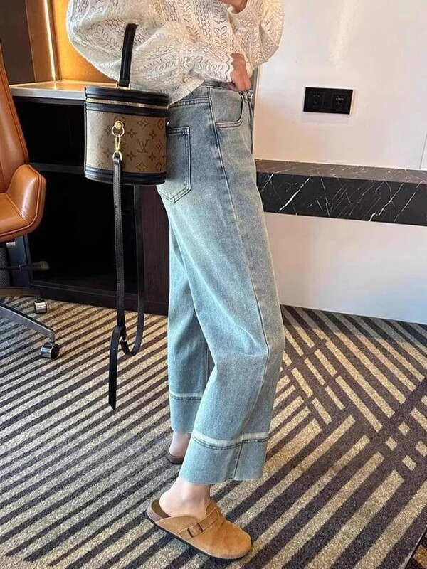 Džinsai Moteriškos naujos japoniško stiliaus kelnės rudeninės tiesios plačios džinsinio audinio devynių taškų madingi aukštu juosmeniu Paprasti Patogūs Populiarūs