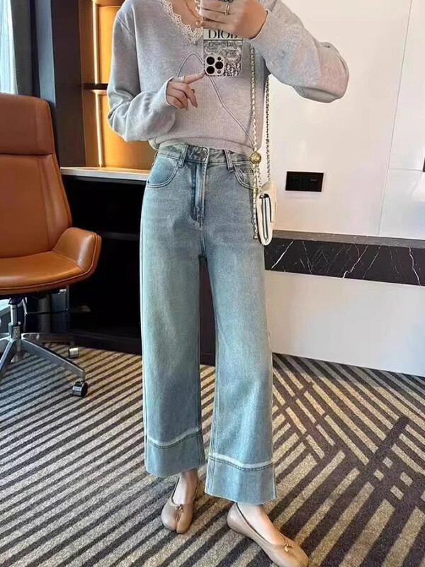 Džinsai Moteriškos naujos japoniško stiliaus kelnės rudeninės tiesios plačios džinsinio audinio devynių taškų madingi aukštu juosmeniu Paprasti Patogūs Populiarūs