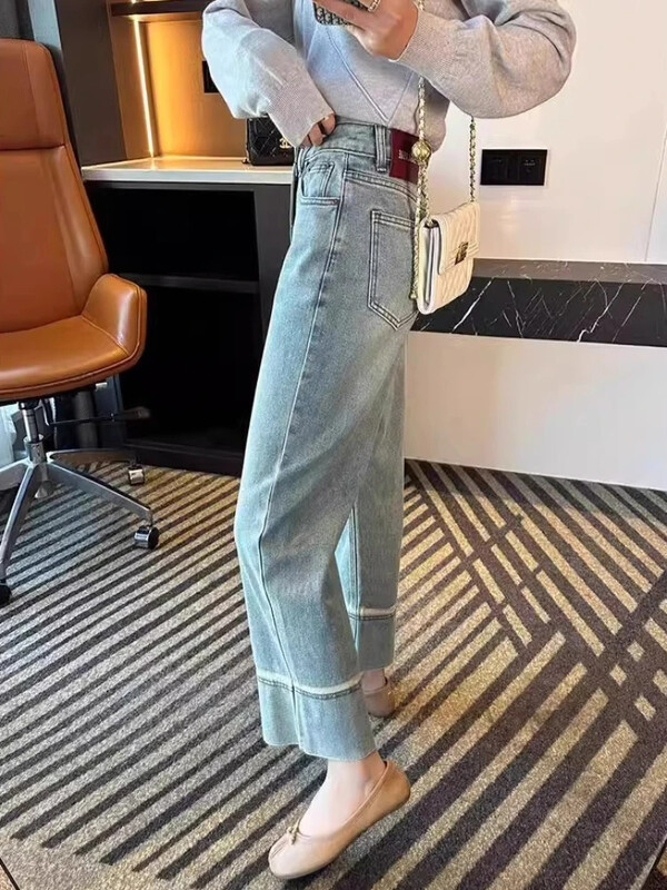 Džinsai Moteriškos naujos japoniško stiliaus kelnės rudeninės tiesios plačios džinsinio audinio devynių taškų madingi aukštu juosmeniu Paprasti Patogūs Populiarūs