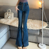 Vienkrāsainas bikses ar augstu vidukli ar zvana apakšējo daļu Stilīgas X izmēra džinsa bikses sievietēm Stretch apģērbi Sieviešu džinsi ar uzmavu