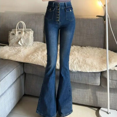 Vienkrāsainas bikses ar augstu vidukli ar zvana apakšējo daļu Stilīgas X izmēra džinsa bikses sievietēm Stretch apģērbi Sieviešu džinsi ar uzmavu