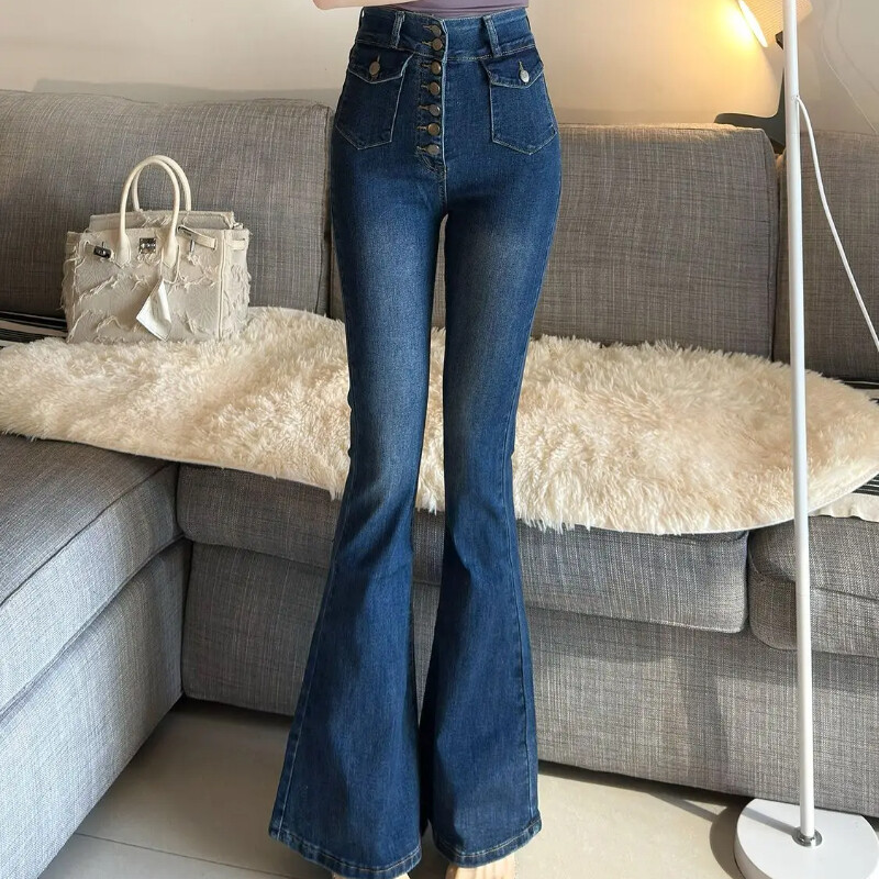 Vienkrāsainas bikses ar augstu vidukli ar zvana apakšējo daļu Stilīgas X izmēra džinsa bikses sievietēm Stretch apģērbi Sieviešu džinsi ar uzmavu