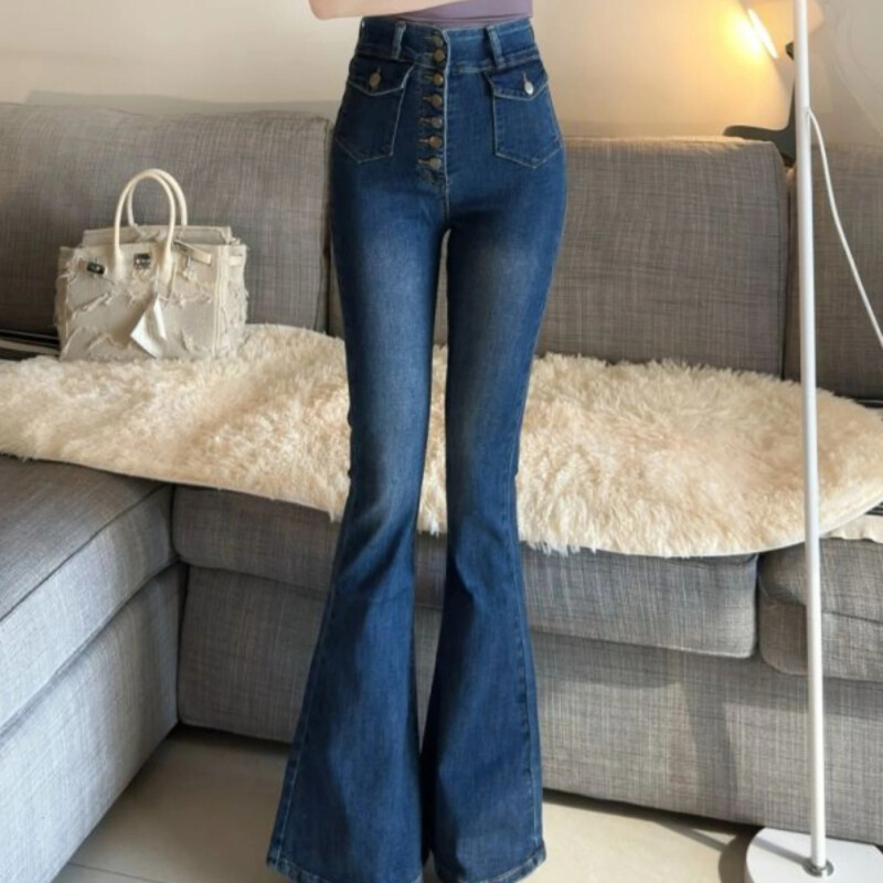 Vienkrāsainas bikses ar augstu vidukli ar zvana apakšējo daļu Stilīgas X izmēra džinsa bikses sievietēm Stretch apģērbi Sieviešu džinsi ar uzmavu