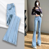 Džinsi Sieviešu 2022. gada pavasaris, gaiši ar augstu vidukli, šauras zābaku piegriezuma slaidinošas džinsu bikses. Modes, kontinentālās Ķīnas izcelsmes