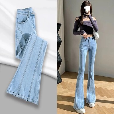 Džinsi Sieviešu 2022. gada pavasaris, gaiši ar augstu vidukli, šauras zābaku piegriezuma slaidinošas džinsu bikses. Modes, kontinentālās Ķīnas izcelsmes