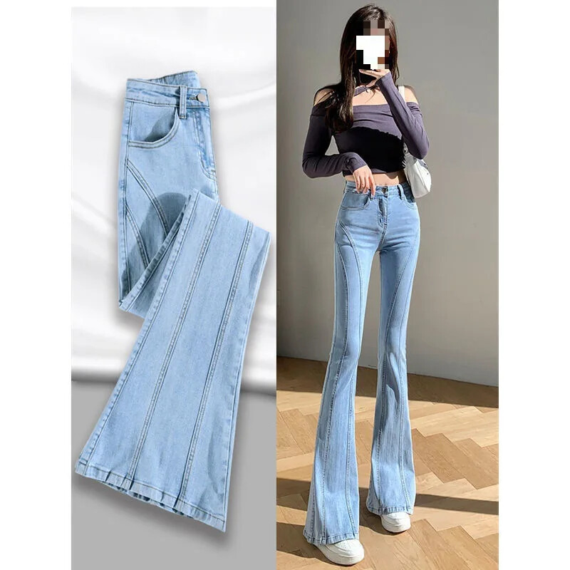 Džinsi Sieviešu 2022. gada pavasaris, gaiši ar augstu vidukli, šauras zābaku piegriezuma slaidinošas džinsu bikses. Modes, kontinentālās Ķīnas izcelsmes