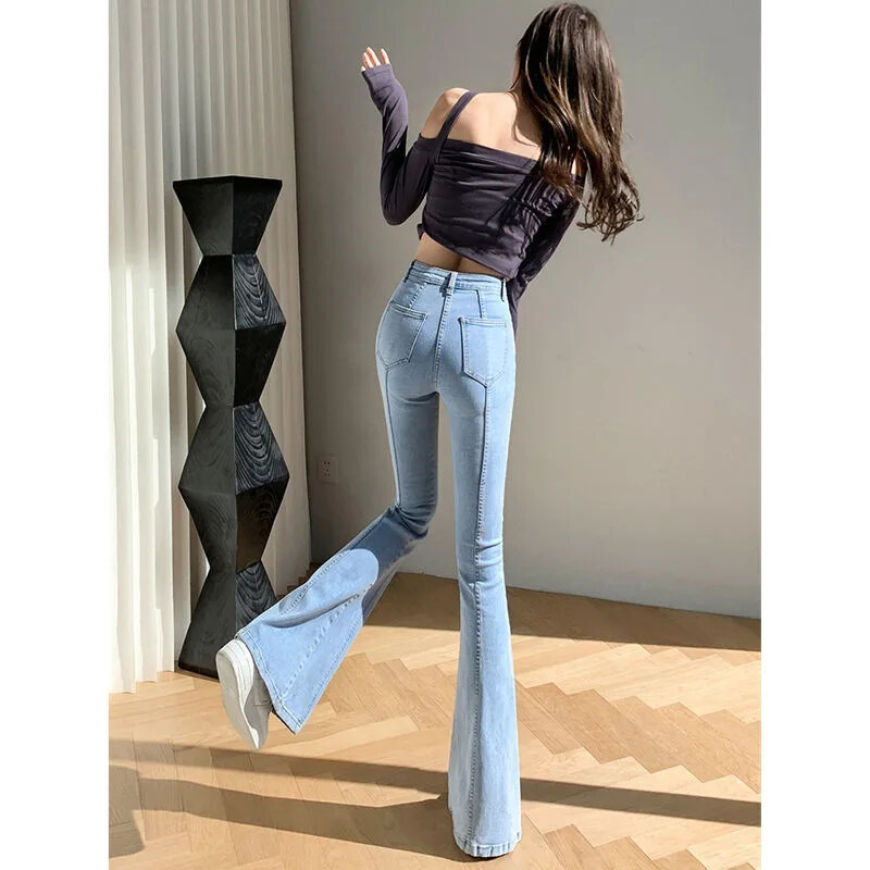 Džinsi Sieviešu 2022. gada pavasaris, gaiši ar augstu vidukli, šauras zābaku piegriezuma slaidinošas džinsu bikses. Modes, kontinentālās Ķīnas izcelsmes