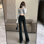 Juodi liekninantys džinsai aukštu liemeniu Moteriškos kelnės su apatiniu apačia pavasario sezono grynasis svorio metimo kelnės elastingumas