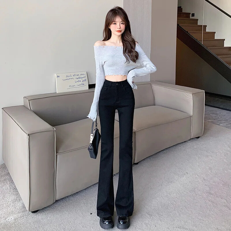 Juodi liekninantys džinsai aukštu liemeniu Moteriškos kelnės su apatiniu apačia pavasario sezono grynasis svorio metimo kelnės elastingumas