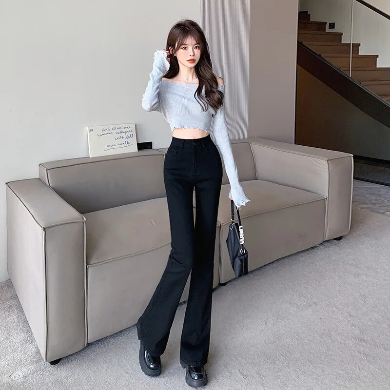 Juodi liekninantys džinsai aukštu liemeniu Moteriškos kelnės su apatiniu apačia pavasario sezono grynasis svorio metimo kelnės elastingumas