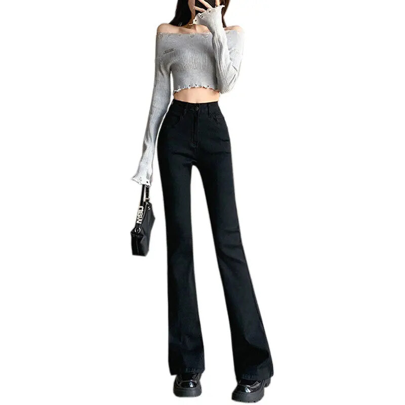 Juodi liekninantys džinsai aukštu liemeniu Moteriškos kelnės su apatiniu apačia pavasario sezono grynasis svorio metimo kelnės elastingumas