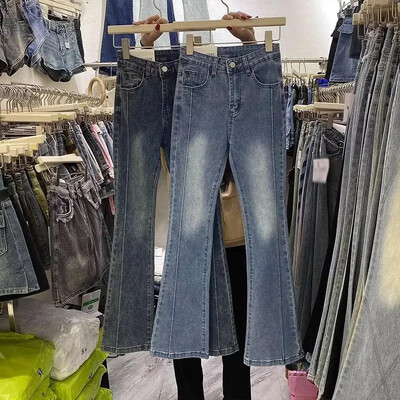 Blugi cu micro evazați albaștri vintage Toamnă/iarnă Pantaloni slim cu talie înaltă cu clopoței pentru slăbire, la modă, cu fantă laterală