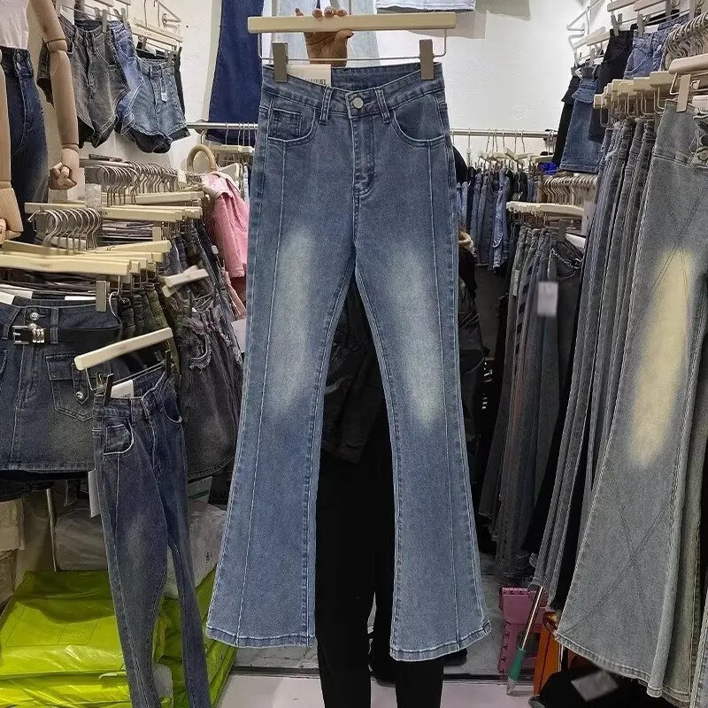 Vintažiniai mėlyni, mikro platėjantys džinsai, moteriški rudens/žiemos, naujos plonos kelnės aukštu liemeniu apatiniu liemeniu liekninančios, madingas šoninis plyšimas