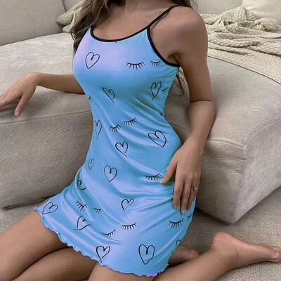 Salātu apdares sieviešu naktskrekls bez piedurknēm O kakla guļamveļa Karikatūra Druka Sieviešu naktsveļa Vasaras pidžamas kleita Mājas apģērba audums