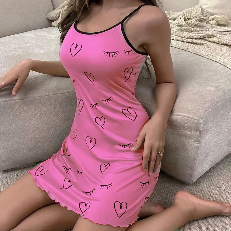 Salātu apdares sieviešu naktskrekls bez piedurknēm O kakla guļamveļa Karikatūra Druka Sieviešu naktsveļa Vasaras pidžamas kleita Mājas apģērba audums