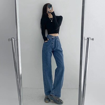 Dizainas Sensibility Liekninantys džinsai aukštu juosmeniu Laisvai prigludusios tiesios kojos Moteriškos korėjietiško stiliaus kaklaraištis su detalėmis plačiomis laisvalaikio kelnės