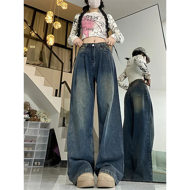 Vintage amerikāņu stila džinsi sievietēm brīvi pieguļoši novājēšanai ar augstu vidukli, taisnu kāju platas bikses ikdienas modes