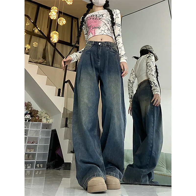 Vintage amerikāņu stila džinsi sievietēm brīvi pieguļoši novājēšanai ar augstu vidukli, taisnu kāju platas bikses ikdienas modes